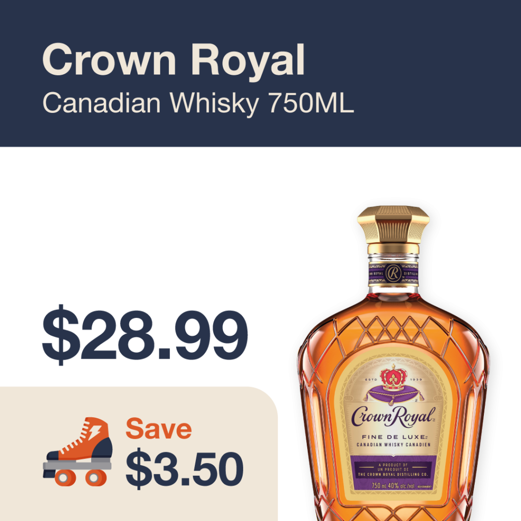 Liquor Co. 1977 monthly promo: Featured spirit deal. Save $3.50 on Crown Royal Canadian Whisky 750ML