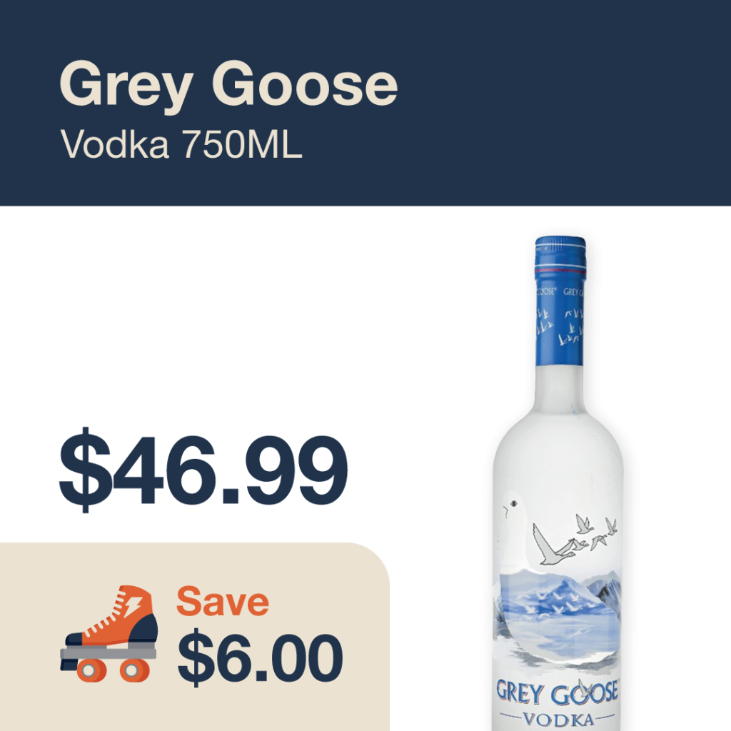Liquor Co. 1977 monthly promo: Featured spirit deal. Save $6.00 on Grey Goose Vodka 750ML